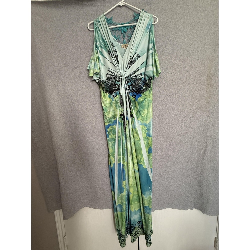J. Jill Dress Womens Medium Teal Green Paisley V Neck Ruffle Maxi Lined Boho